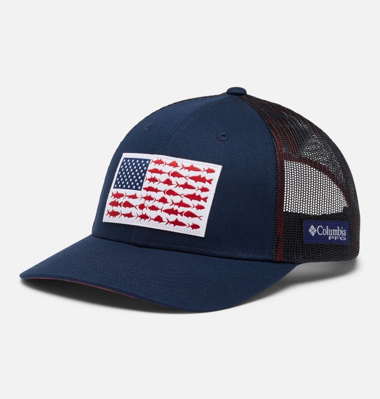 PFG Fish Flag Mesh Snap Back - Low | 464 | O/S, Color: Collegiate Navy, Sunset Red, image 1
