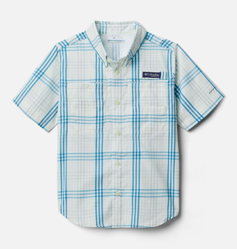 Boys' PFG Super Tamiami Short Sleeve Shirt, Color: Light Lime Blanket Gingham, image 1