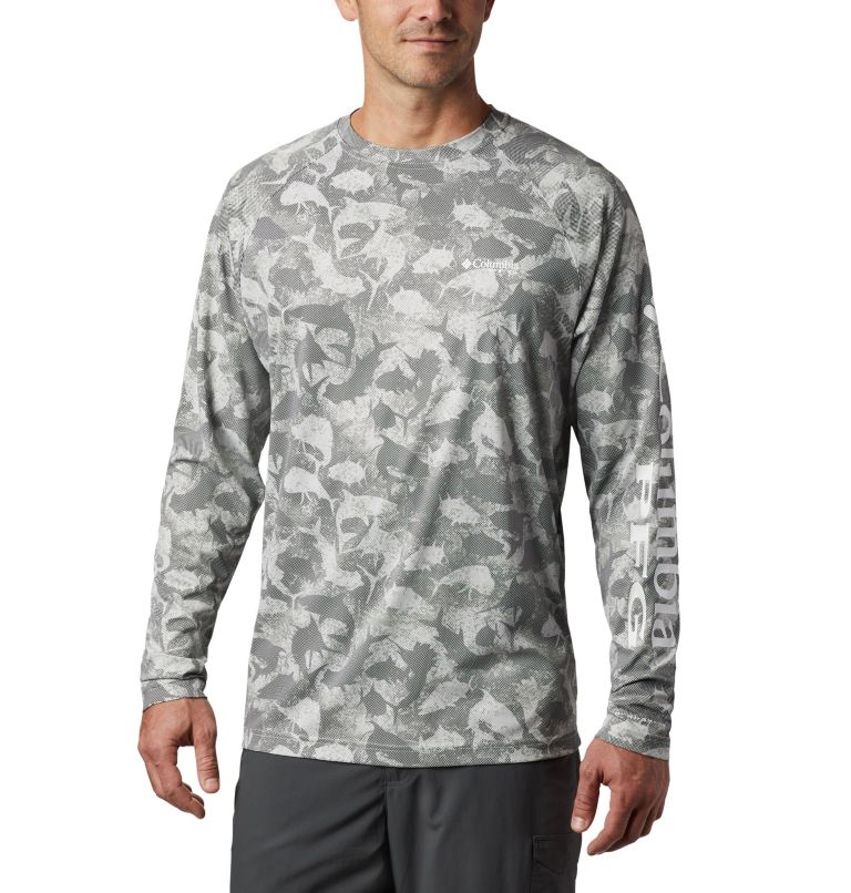Men's PFG Terminal Deflector Printed Long Sleeve Shirt, Color: Cool Grey Inside Out Camo, image 1