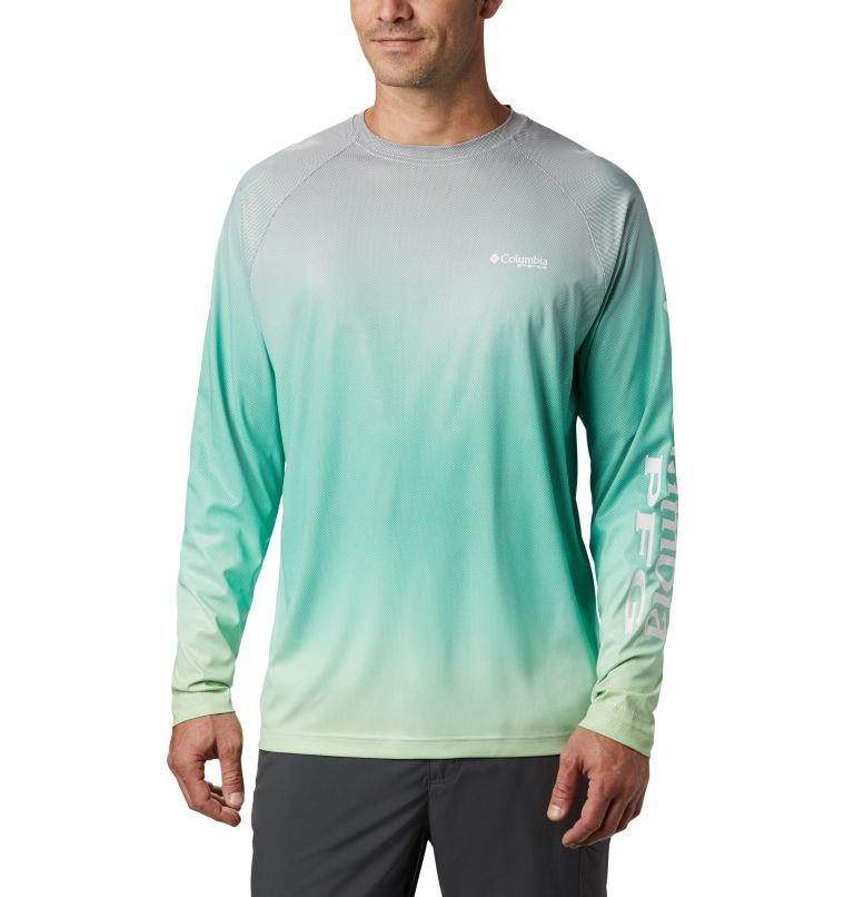 Men's PFG Terminal Deflector Printed Long Sleeve Shirt, Color: Dark Lime Gradient, image 1