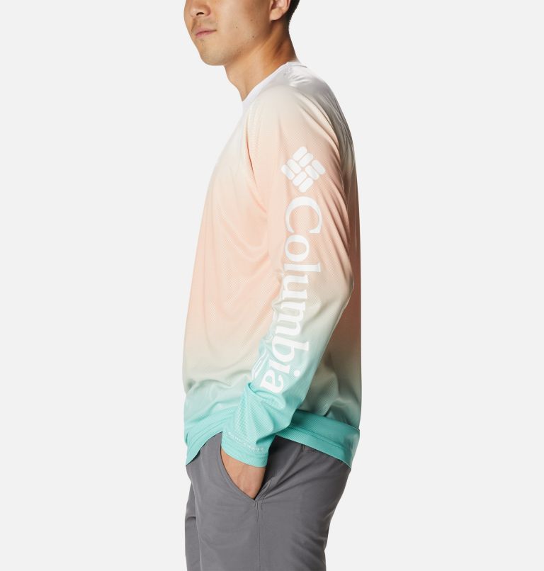 Men's PFG Terminal Deflector Printed Long Sleeve Shirt, Color: Electric Turquoise Gradient, image 3