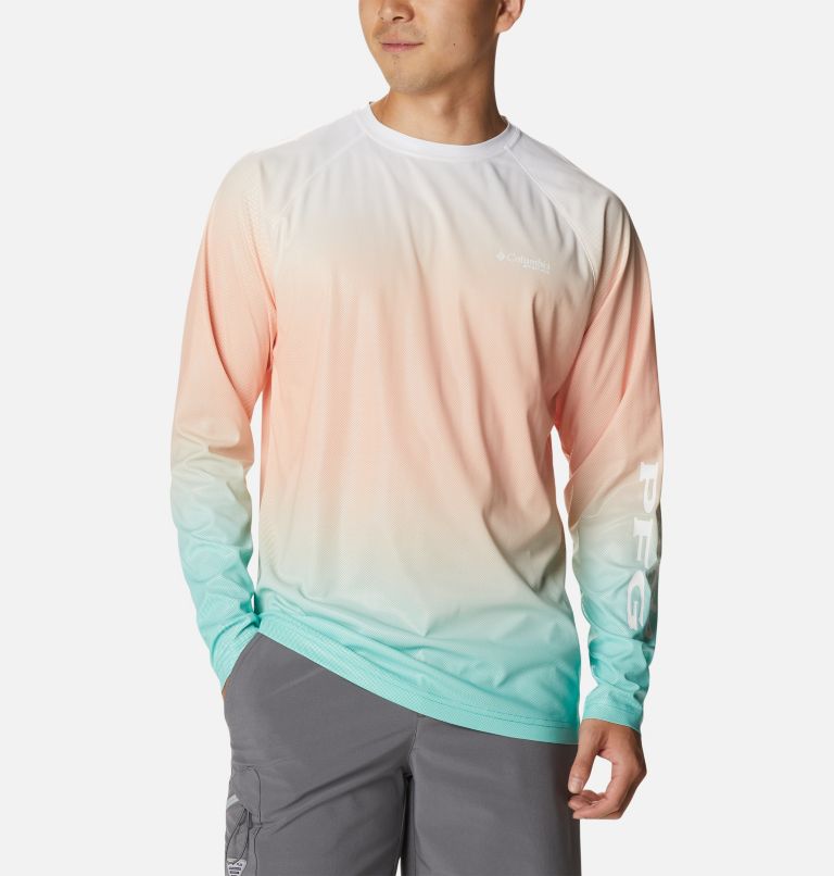 Men's PFG Terminal Deflector Printed Long Sleeve Shirt, Color: Electric Turquoise Gradient, image 1