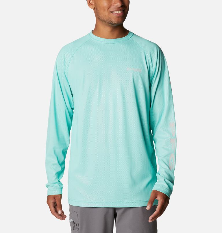 Men’s PFG Terminal Deflector Long Sleeve Shirt, Color: Electric Turquoise, Cool Grey