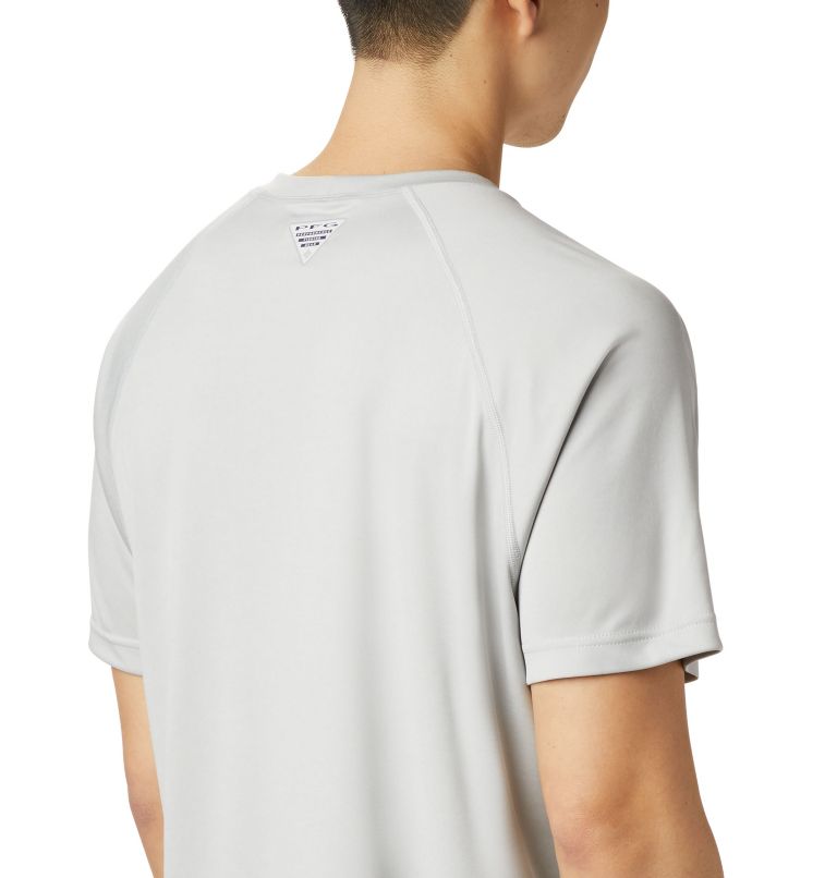 Men’s PFG Terminal Tackle Heather Short Sleeve Shirt, Color: Cool Grey Heather, Vivid Blue Logo, image 5