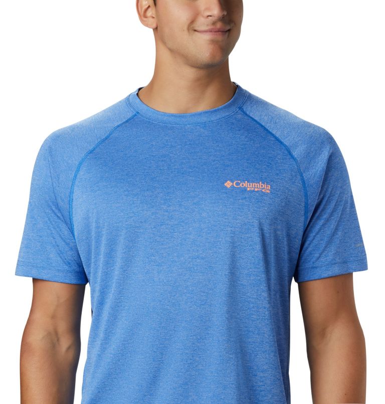 Men’s PFG Terminal Tackle Heather Short Sleeve Shirt, Color: Vivid Blue Heather, Bright Nectar Logo, image 3