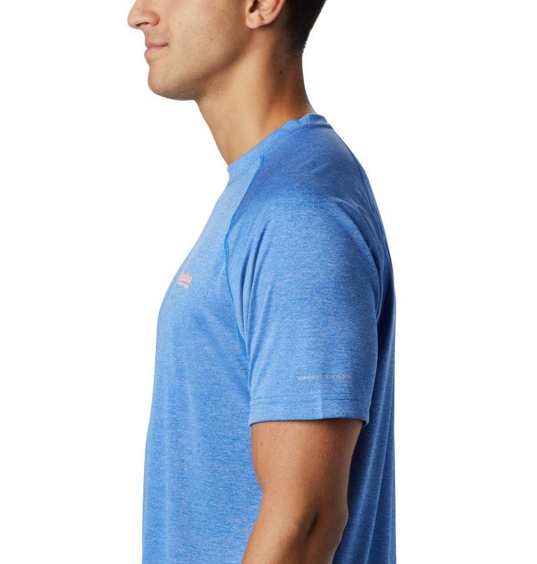 Men’s PFG Terminal Tackle Heather Short Sleeve Shirt, Color: Vivid Blue Heather, Bright Nectar Logo, image 4
