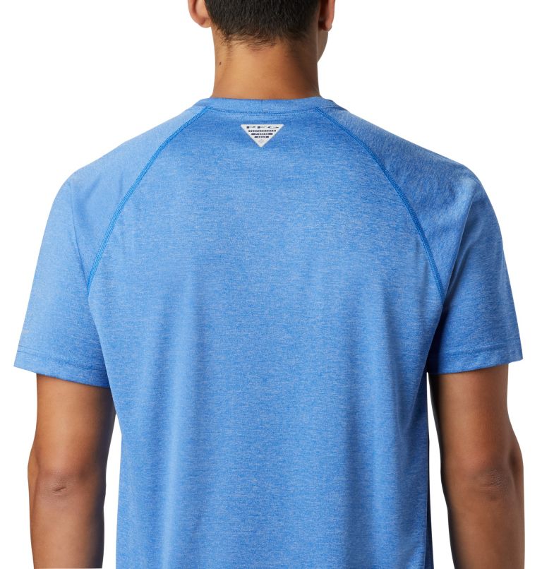 Thumbnail: Men’s PFG Terminal Tackle Heather Short Sleeve Shirt, Color: Vivid Blue Heather, Bright Nectar Logo, image 5