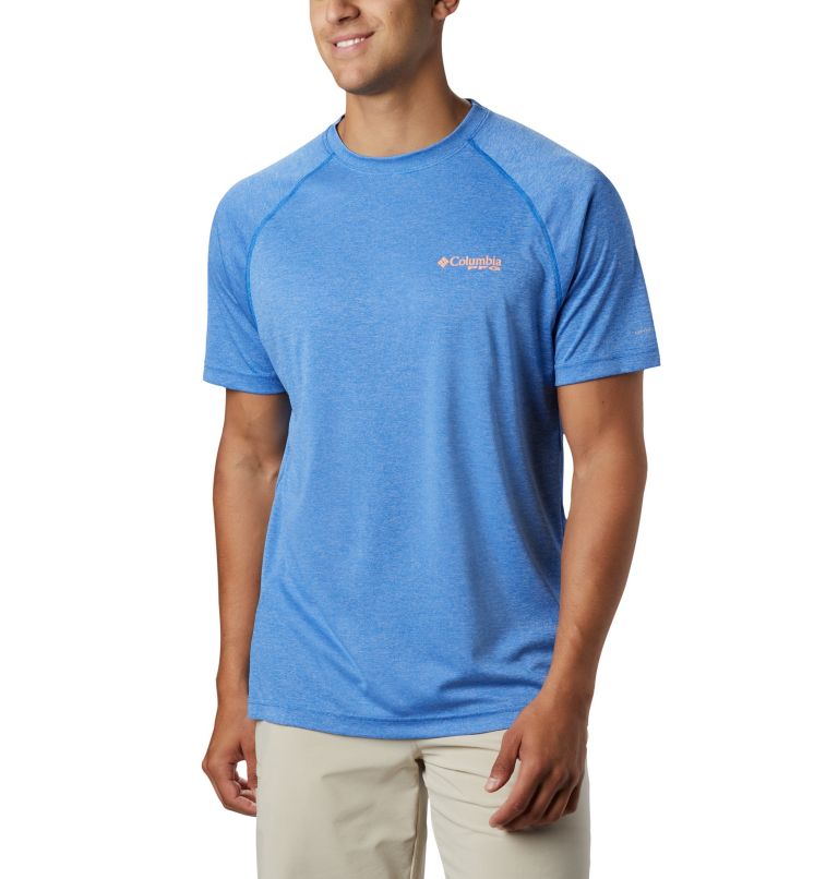 Men’s PFG Terminal Tackle Heather Short Sleeve Shirt, Color: Vivid Blue Heather, Bright Nectar Logo