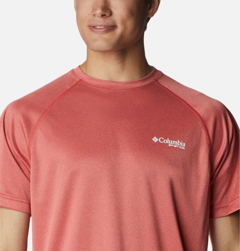 Thumbnail: Men’s PFG Terminal Tackle Heather Short Sleeve Shirt, Color: Red Hibiscus Heather, White Logo, image 4