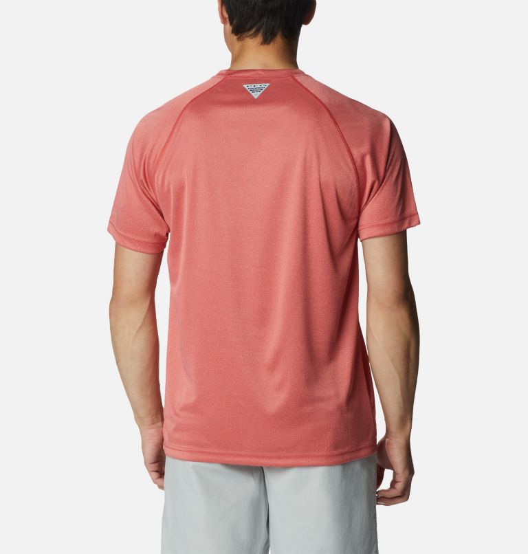 Men’s PFG Terminal Tackle Heather Short Sleeve Shirt, Color: Red Hibiscus Heather, White Logo, image 2