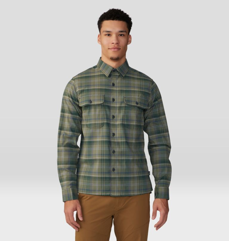 Men's Voyager One Long Sleeve Shirt, Color: Stone Green Bucket List Plaid, image 1