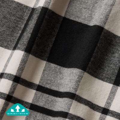 Close-up of fabric with the Omni Wick logo in the bottom left and a graphic showing how moisture evaporates from the fabric's surface.