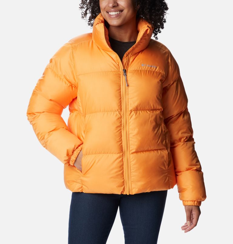 Orange puffer jacket ladies sale