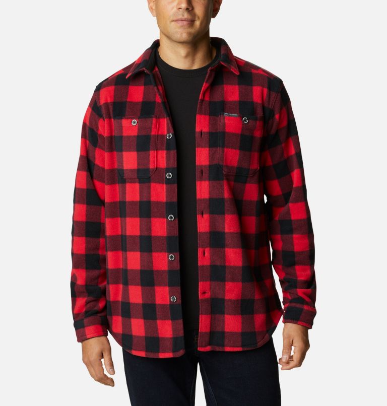 Men's Flare Gun Fleece Over Shirt, Color: Mountain Red Check