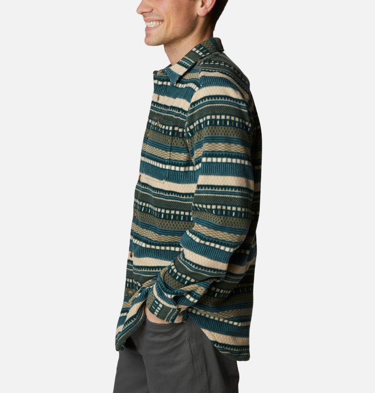 Men's Flare Gun Fleece Over Shirt, Color: Spruce Apres Stripe Print, image 3