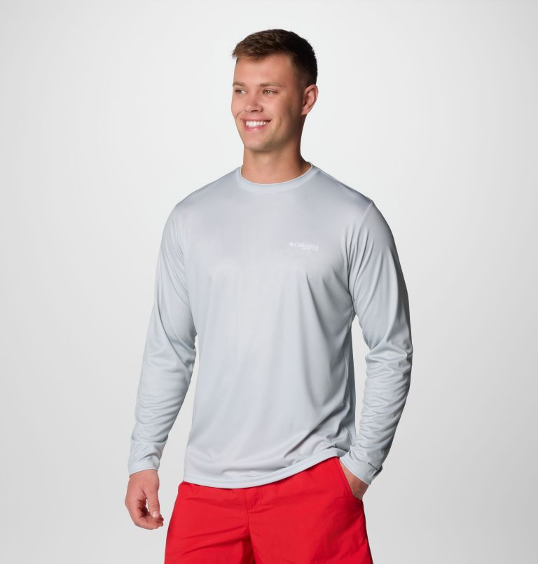 Men's Terminal Tackle PFG Fish Flag Long Sleeve Shirt, Color: Cool Grey, Vivid Blue, image 4
