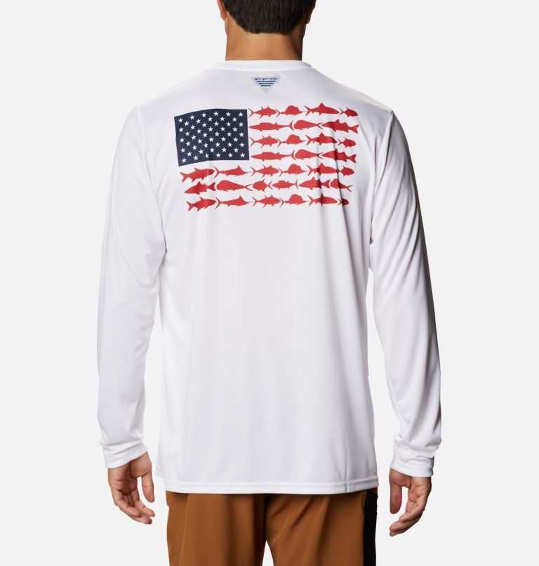 Men's Terminal Tackle PFG Fish Flag Long Sleeve Shirt, Color: White, Collegiate Navy, image 1