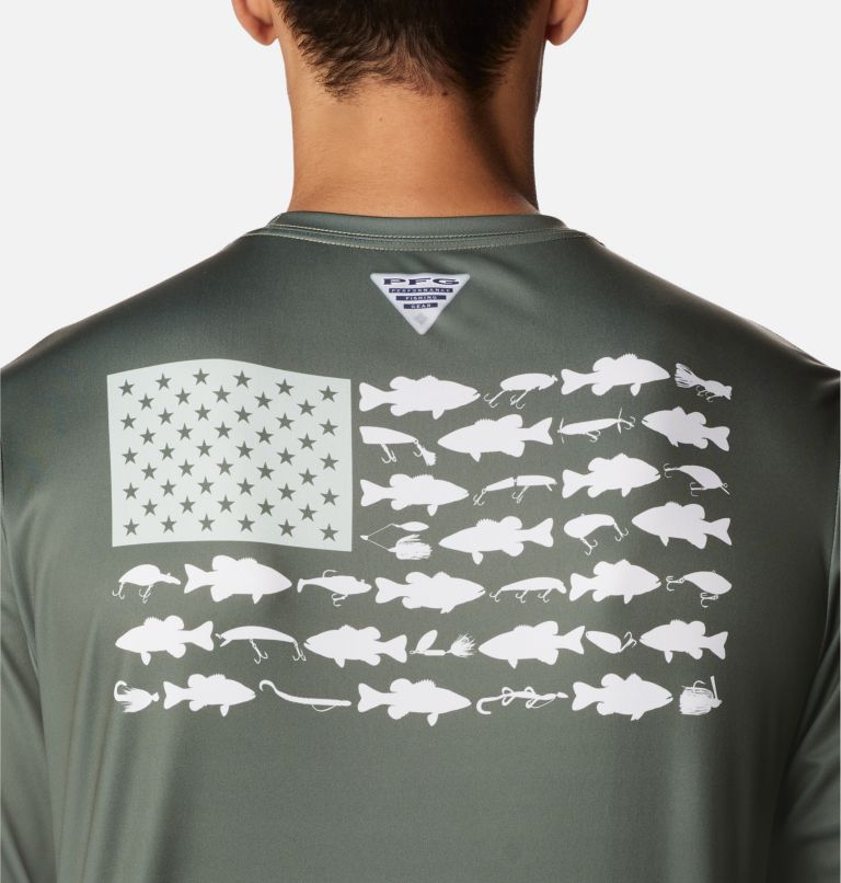 Thumbnail: Men's PFG Terminal Tackle Fish Flag Long Sleeve Shirt - Tall, Color: Cypress, Cool Green Bass Lures, image 5