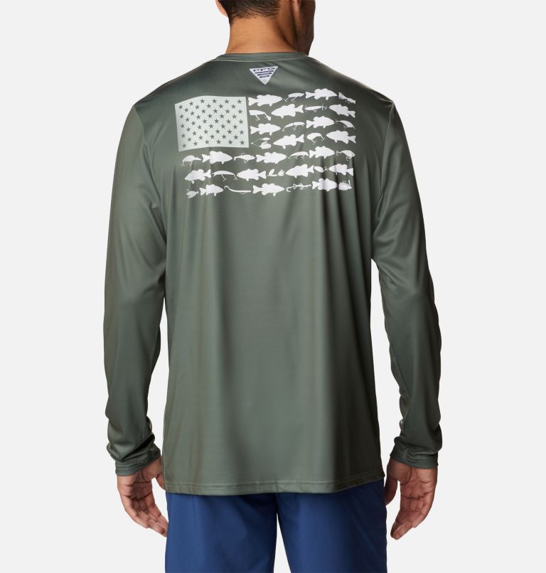 Thumbnail: Men's PFG Terminal Tackle Fish Flag Long Sleeve Shirt - Tall, Color: Cypress, Cool Green Bass Lures, image 2
