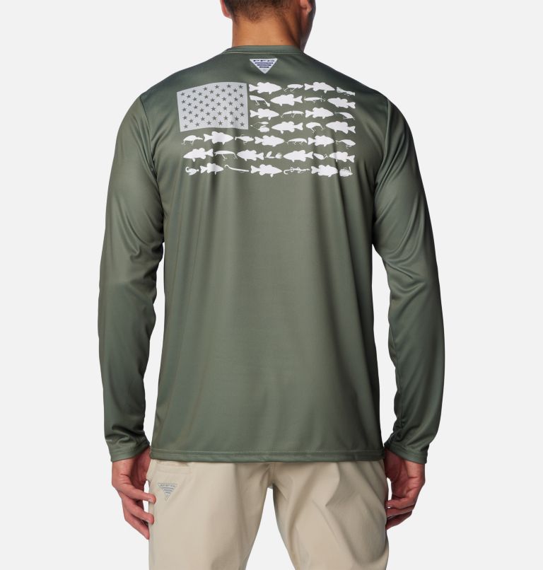 Men's Terminal Tackle PFG Fish Flag Long Sleeve Shirt, Color: Cypress, Cool Grey Bass Lures, image 1