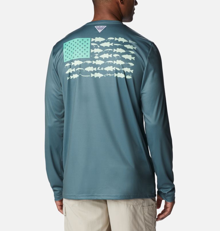 Thumbnail: Men's PFG Terminal Tackle Fish Flag Long Sleeve Shirt - Tall, Color: Metal, Key West Bass Lures, image 1