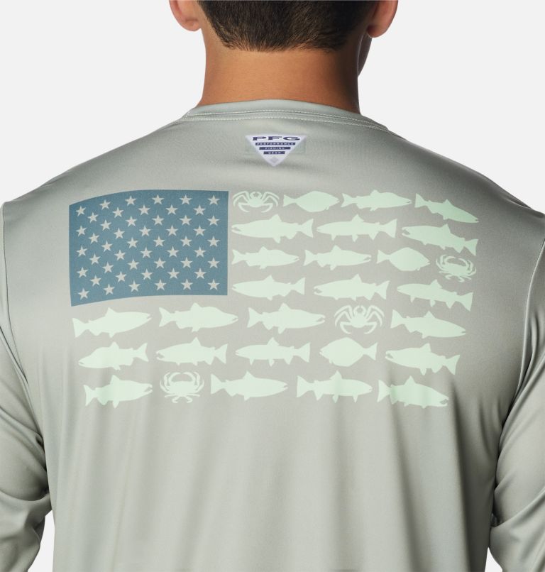 Thumbnail: Men's Terminal Tackle PFG Fish Flag Long Sleeve Shirt, Color: Safari, Metal Alaska Fish, image 5