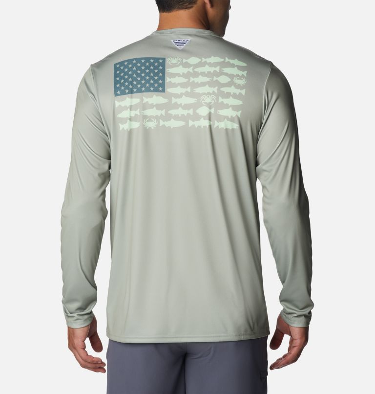 Men's Terminal Tackle PFG Fish Flag Long Sleeve Shirt, Color: Safari, Metal Alaska Fish, image 2