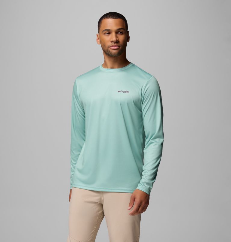 Men's Terminal Tackle PFG Fish Flag Long Sleeve Shirt, Color: Misty Jade, Dusty Purple, image 1
