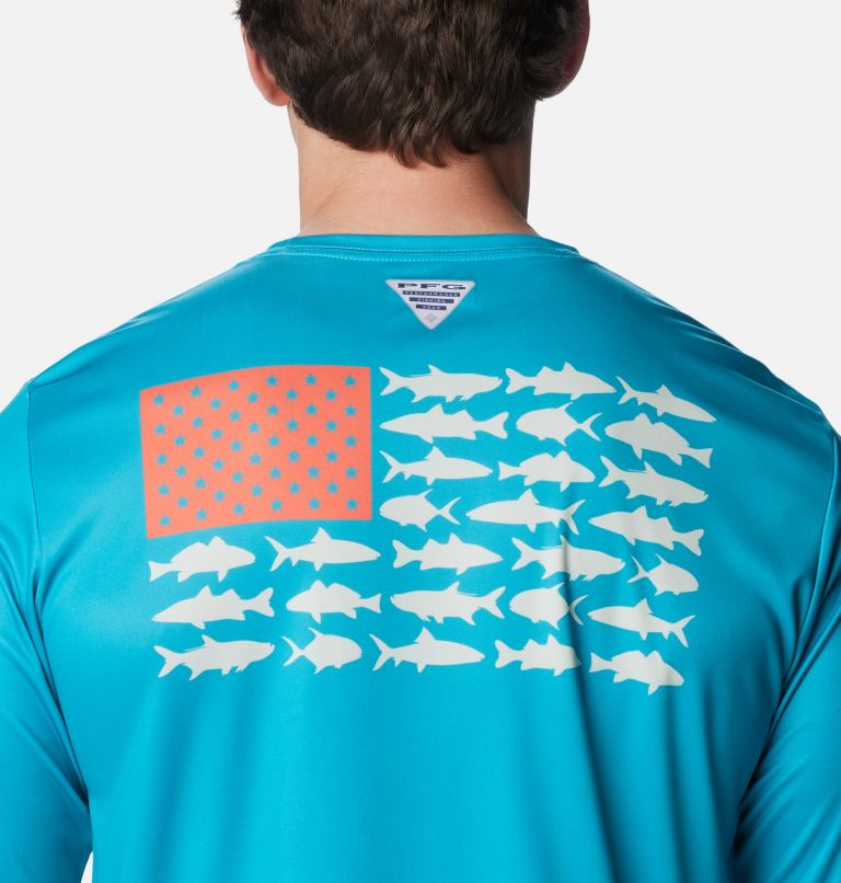 Men's Terminal Tackle PFG Fish Flag Long Sleeve Shirt, Color: Ocean Teal, Corange Inshore Slam, image 5