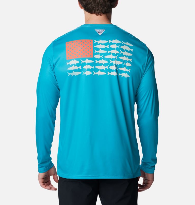 Thumbnail: Men's Terminal Tackle PFG Fish Flag Long Sleeve Shirt, Color: Ocean Teal, Corange Inshore Slam, image 1
