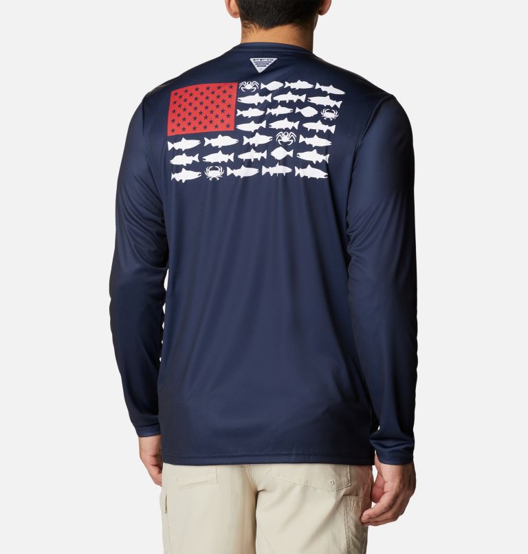 Thumbnail: Men's Terminal Tackle PFG Fish Flag Long Sleeve Shirt, Color: Collegiate Navy, White Alaska Fish, image 1