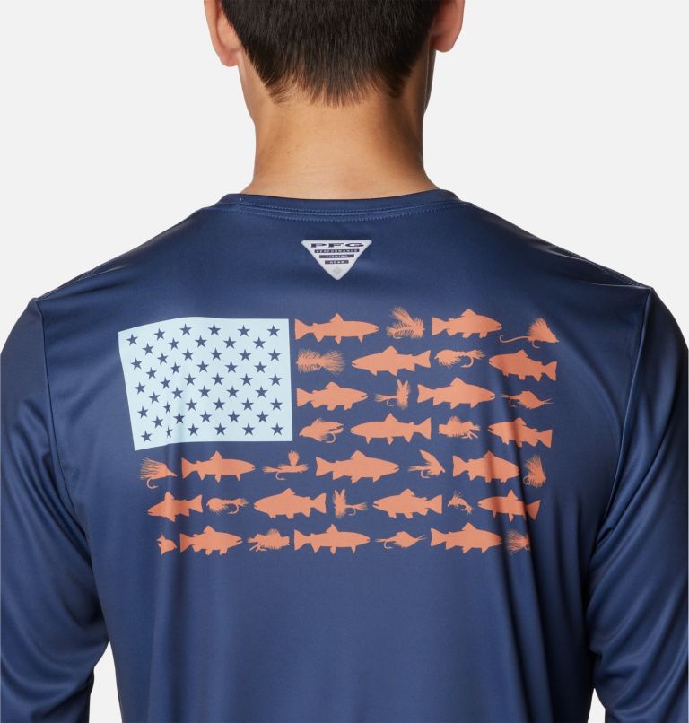 Men's Terminal Tackle PFG Fish Flag Long Sleeve Shirt, Color: Carbon, Spring Blue Trout Flies, image 5