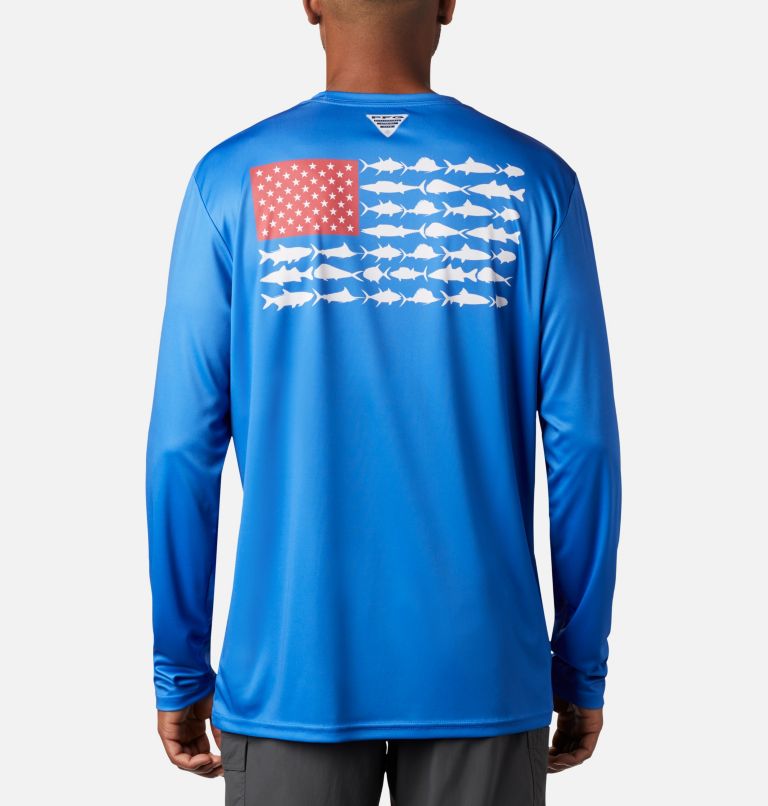 Thumbnail: Men's Terminal Tackle PFG Fish Flag Long Sleeve Shirt, Color: Vivid Blue, White, image 1