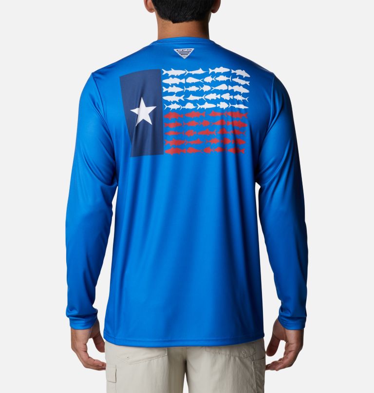 Thumbnail: Men's Terminal Tackle PFG Fish Flag Long Sleeve Shirt, Color: Vivid Blue, Texas Flag, image 1