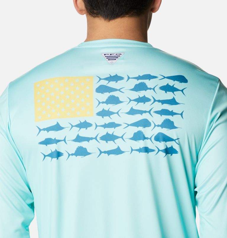 Men's PFG Terminal Tackle Fish Flag Long Sleeve Shirt - Tall, Color: Gulf Stream, Deep Marine Offshore Fish