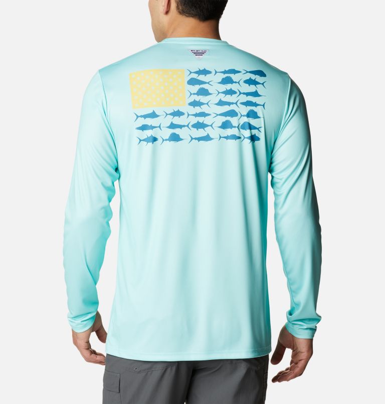 Thumbnail: Men's PFG Terminal Tackle Fish Flag Long Sleeve Shirt - Tall, Color: Gulf Stream, Deep Marine Offshore Fish, image 1