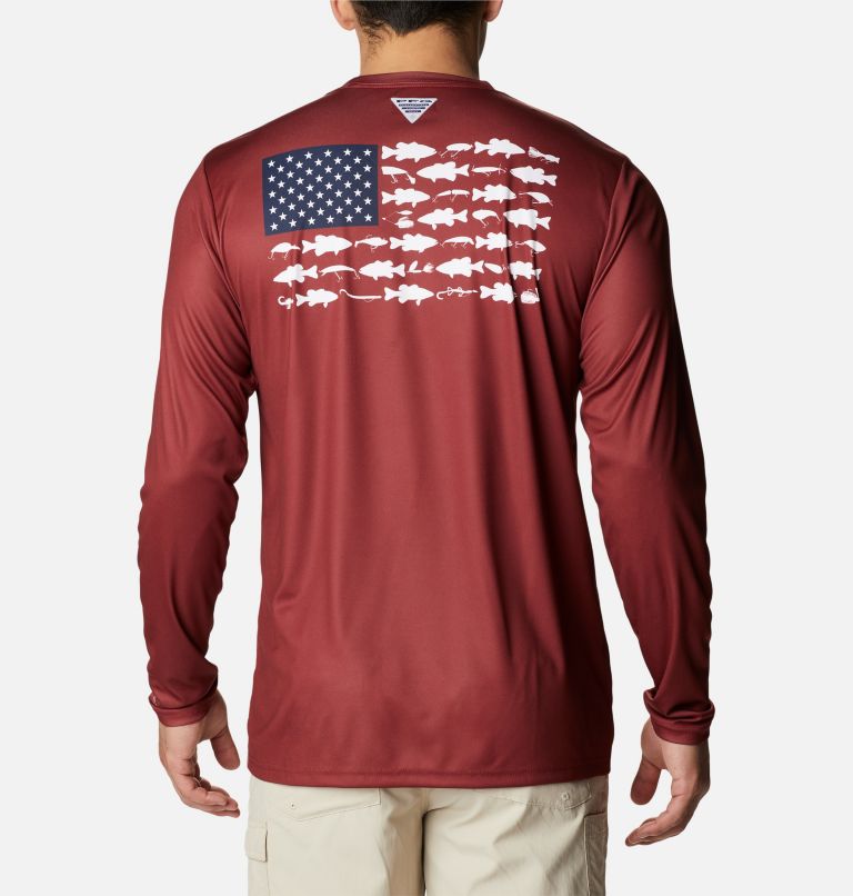 Men's PFG Terminal Tackle Fish Flag Long Sleeve Shirt - Tall, Color: Red Jasper, White Bass Lures, image 1