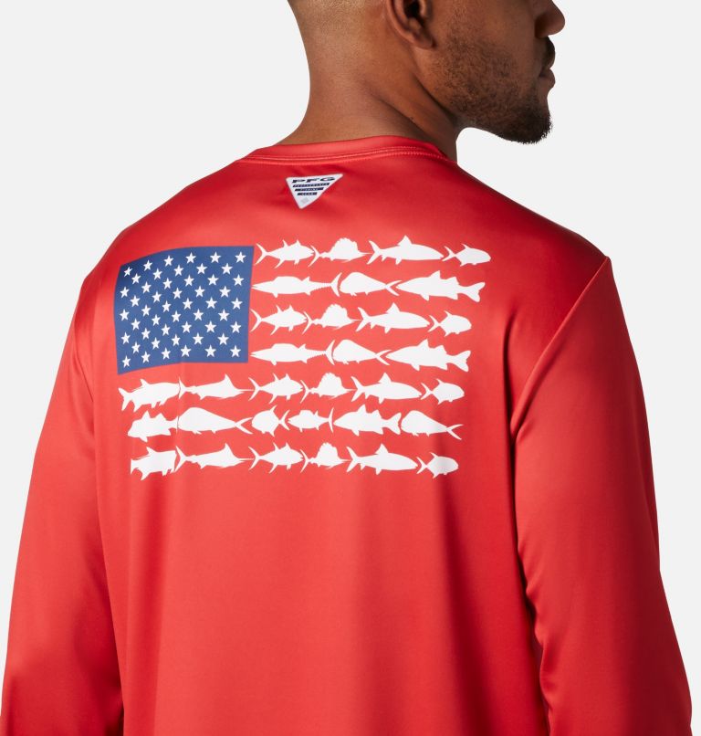 Columbia PFG Men’s T-Shirt USA FLAG Fishing Lure Tee Red Crew S/S Size XL