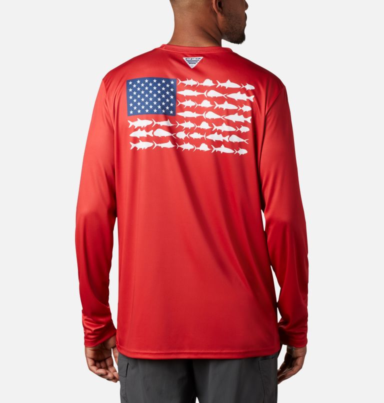 Men's Terminal Tackle PFG Fish Flag Long Sleeve Shirt, Color: Red Spark, White, image 1