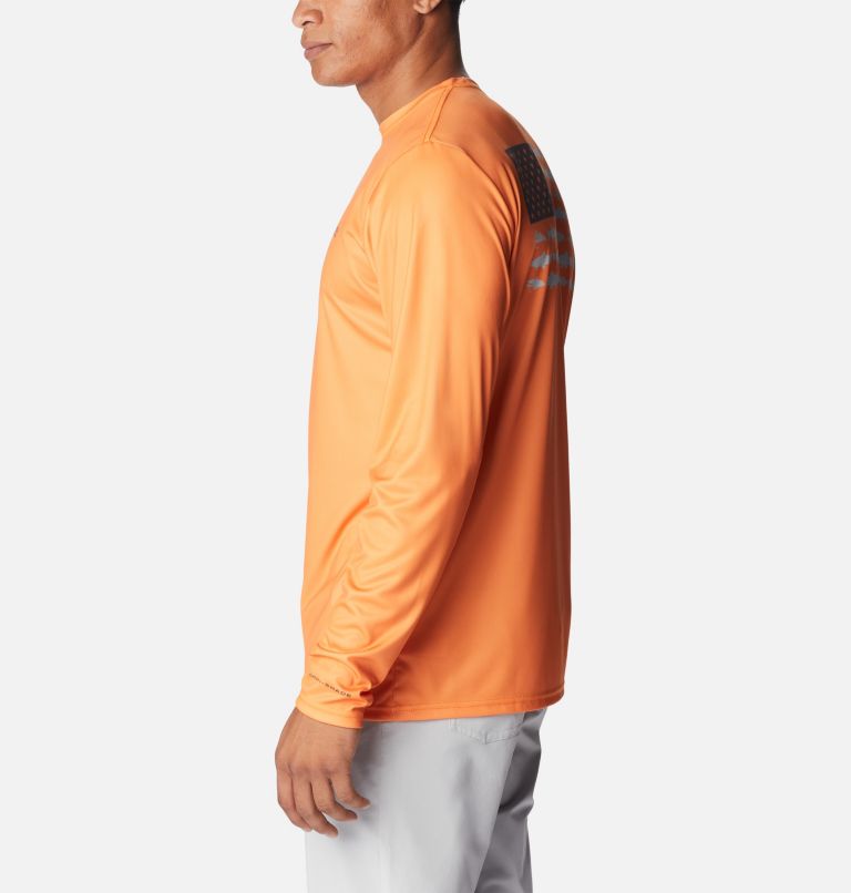 Men's Terminal Tackle PFG Fish Flag Long Sleeve Shirt, Color: Orange Blast, City Grey Trout Flies, image 3
