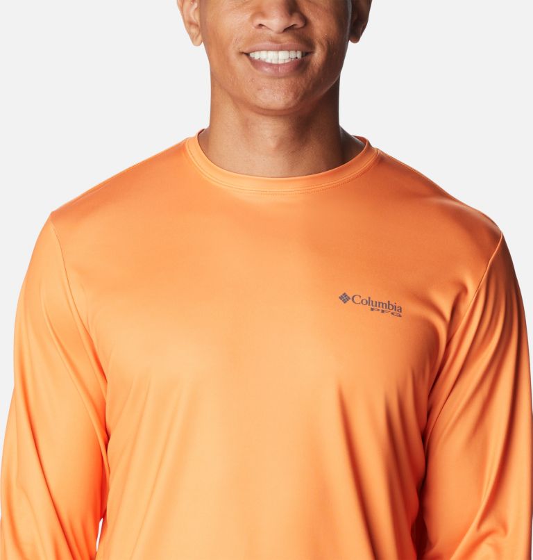 Men's Terminal Tackle PFG Fish Flag Long Sleeve Shirt, Color: Orange Blast, City Grey Trout Flies, image 4