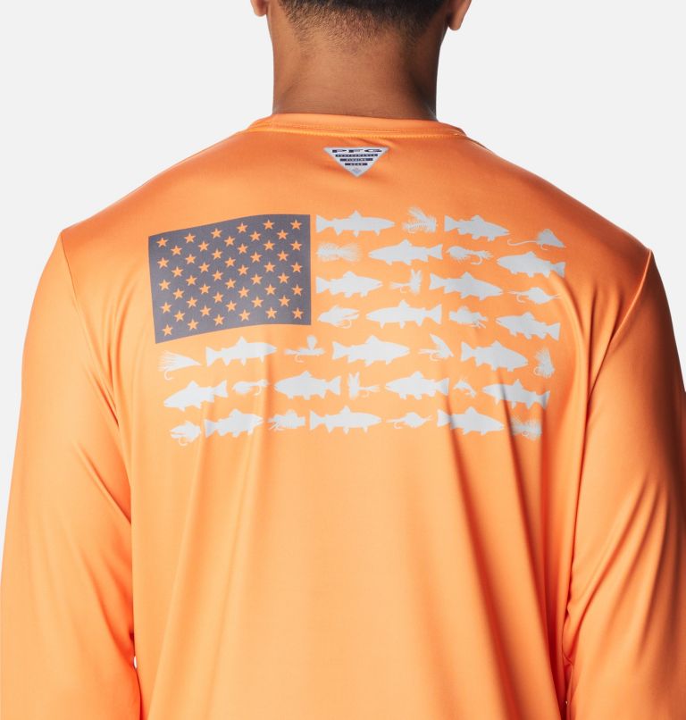Thumbnail: Men's Terminal Tackle PFG Fish Flag Long Sleeve Shirt, Color: Orange Blast, City Grey Trout Flies, image 5
