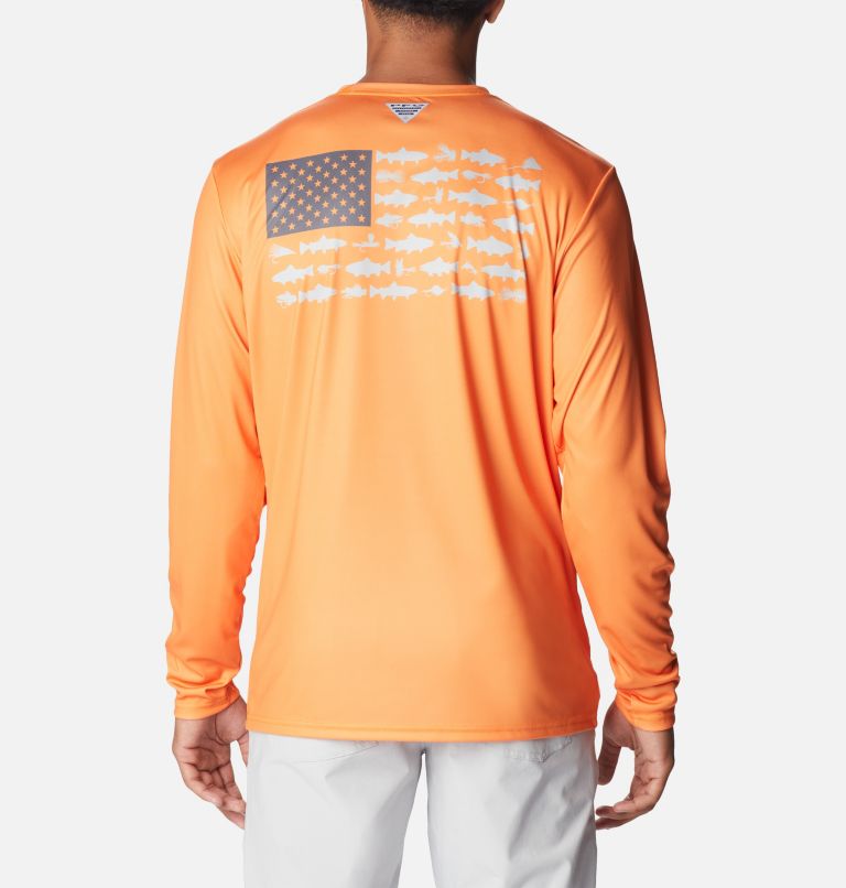 Men's Terminal Tackle PFG Fish Flag Long Sleeve Shirt, Color: Orange Blast, City Grey Trout Flies, image 1
