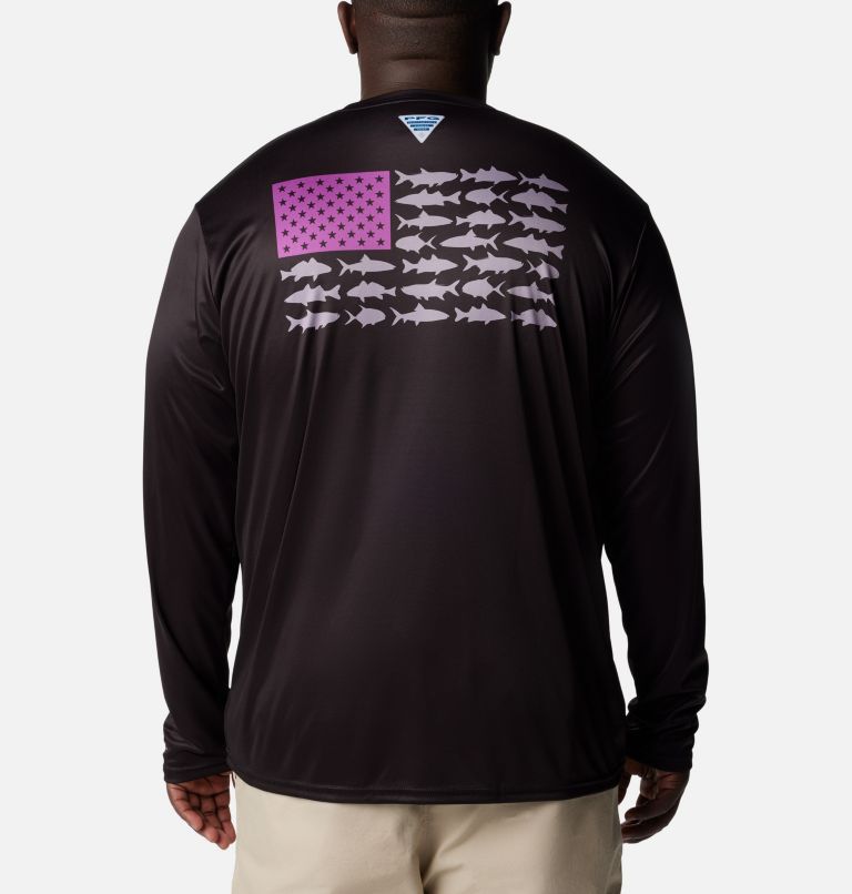 Thumbnail: Men's PFG Terminal Tackle Fish Flag Long Sleeve Shirt - Big, Color: Black, Berry Jam Inshore Fish, image 1