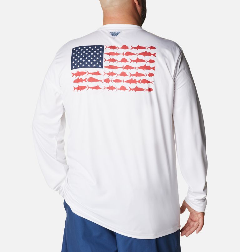 Thumbnail: Men's PFG Terminal Tackle Fish Flag Long Sleeve Shirt - Big, Color: White, Collegiate Navy, image 1