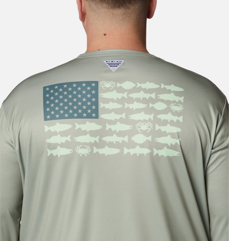 Men's PFG Terminal Tackle Fish Flag Long Sleeve Shirt - Big, Color: Safari, Metal Alaska Fish, image 5