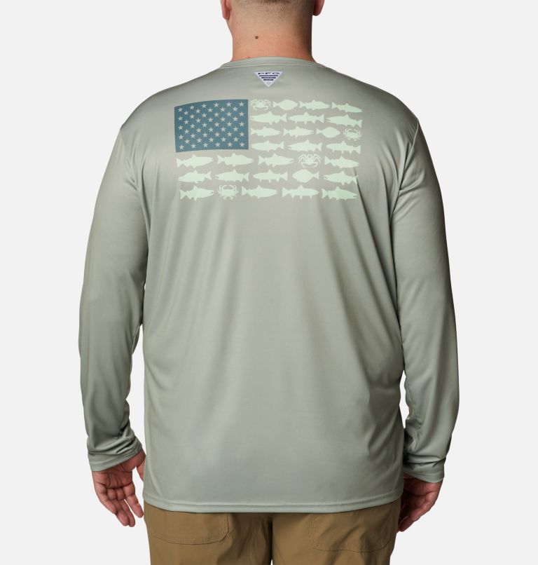 Men's PFG Terminal Tackle Fish Flag Long Sleeve Shirt - Big, Color: Safari, Metal Alaska Fish, image 1