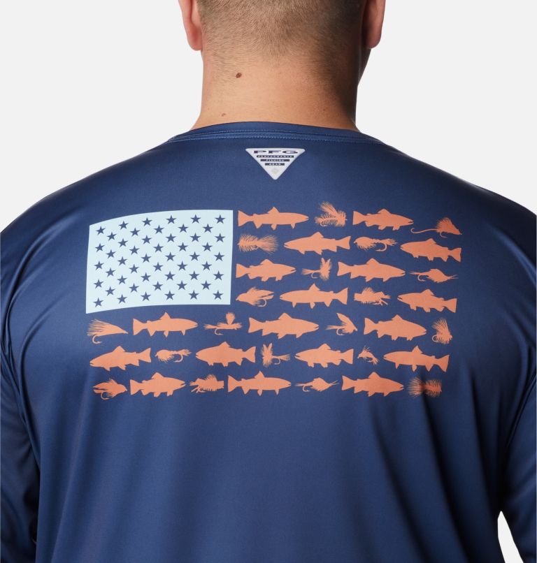 Thumbnail: Men's PFG Terminal Tackle Fish Flag Long Sleeve Shirt - Big, Color: Carbon, Spring Blue Trout Flies, image 5