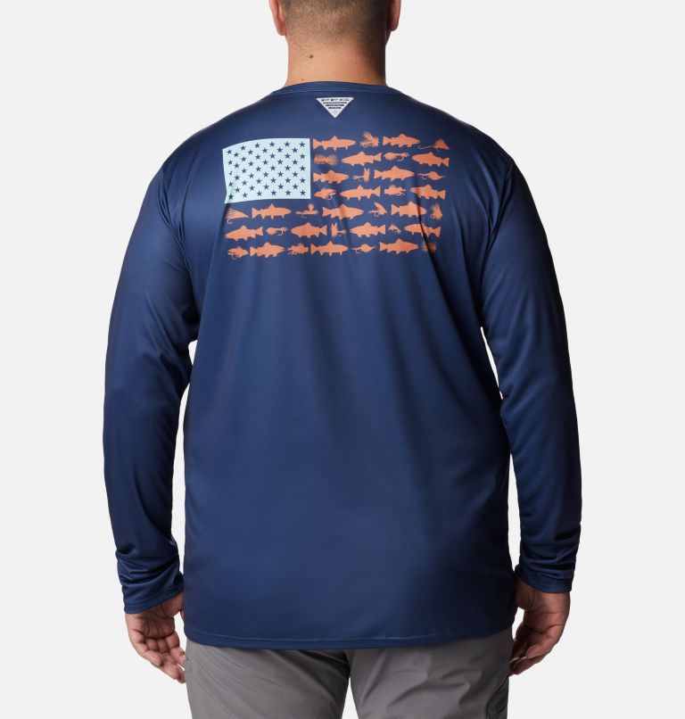 Thumbnail: Men's PFG Terminal Tackle Fish Flag Long Sleeve Shirt - Big, Color: Carbon, Spring Blue Trout Flies, image 2