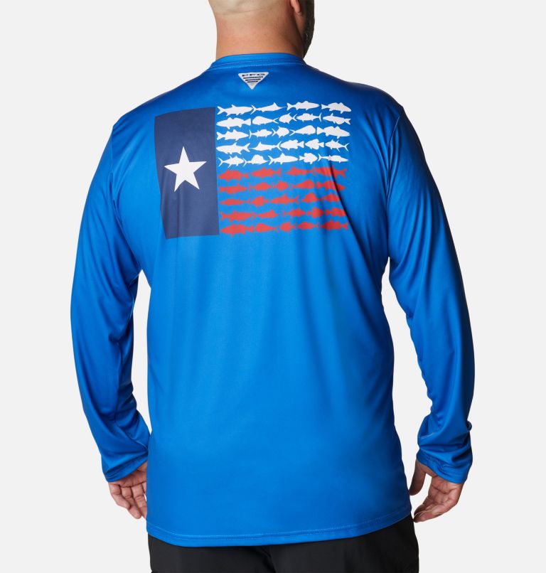 Thumbnail: Men's PFG Terminal Tackle Fish Flag Long Sleeve Shirt - Big, Color: Vivid Blue, Texas Flag, image 1